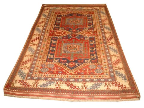 Kazak Twin-Medallion Rug with Animal Border