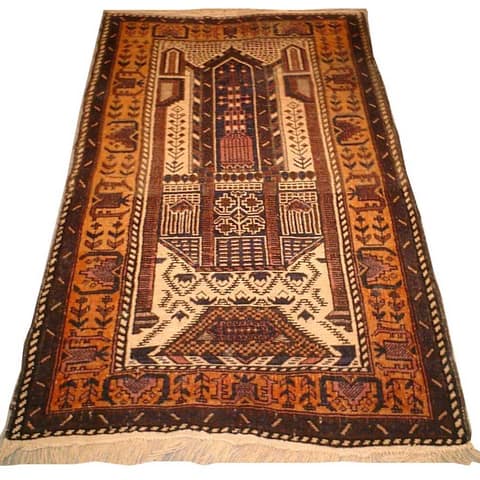 Baluch Pictorial Prayer Rug with Architectural Mihrab