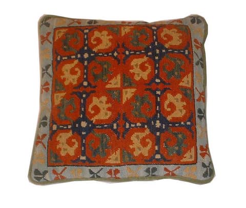 Rust Cushion Cover with Navy Lattice and Cream Scrolls