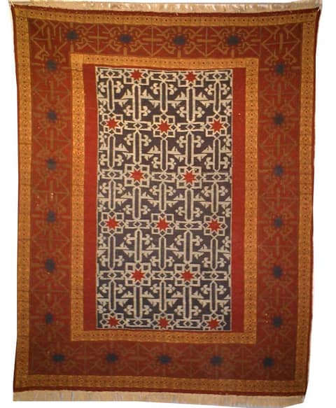 Indigo Lattice With Red Eight-Point Stars